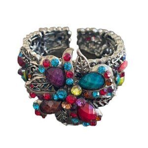Vintage Estate Floral Stretch Bracelet W/  Pink Blue Green & Yellow Gemstones